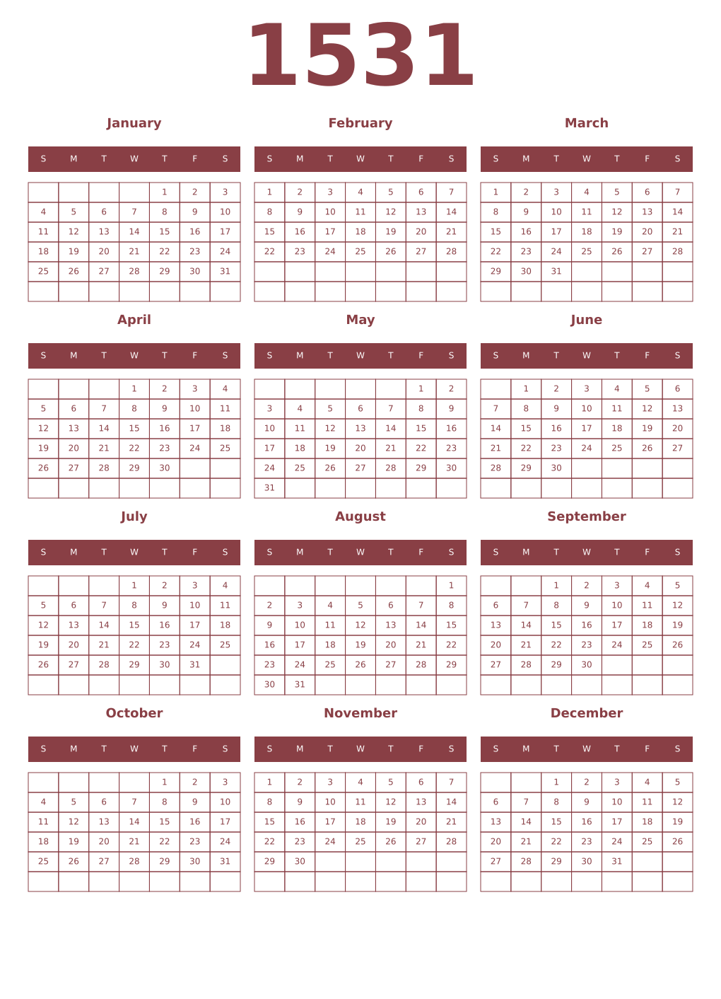 Printable 1531 Year Calendars cordovan