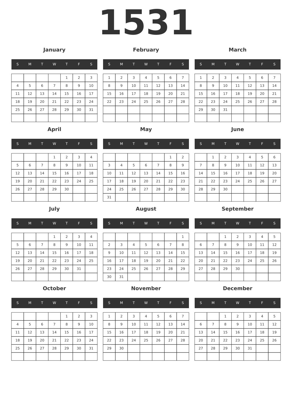 Printable 1531 Year Calendars dark