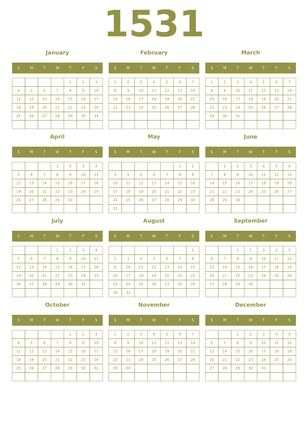Printable 1531 Year Calendars eburnean