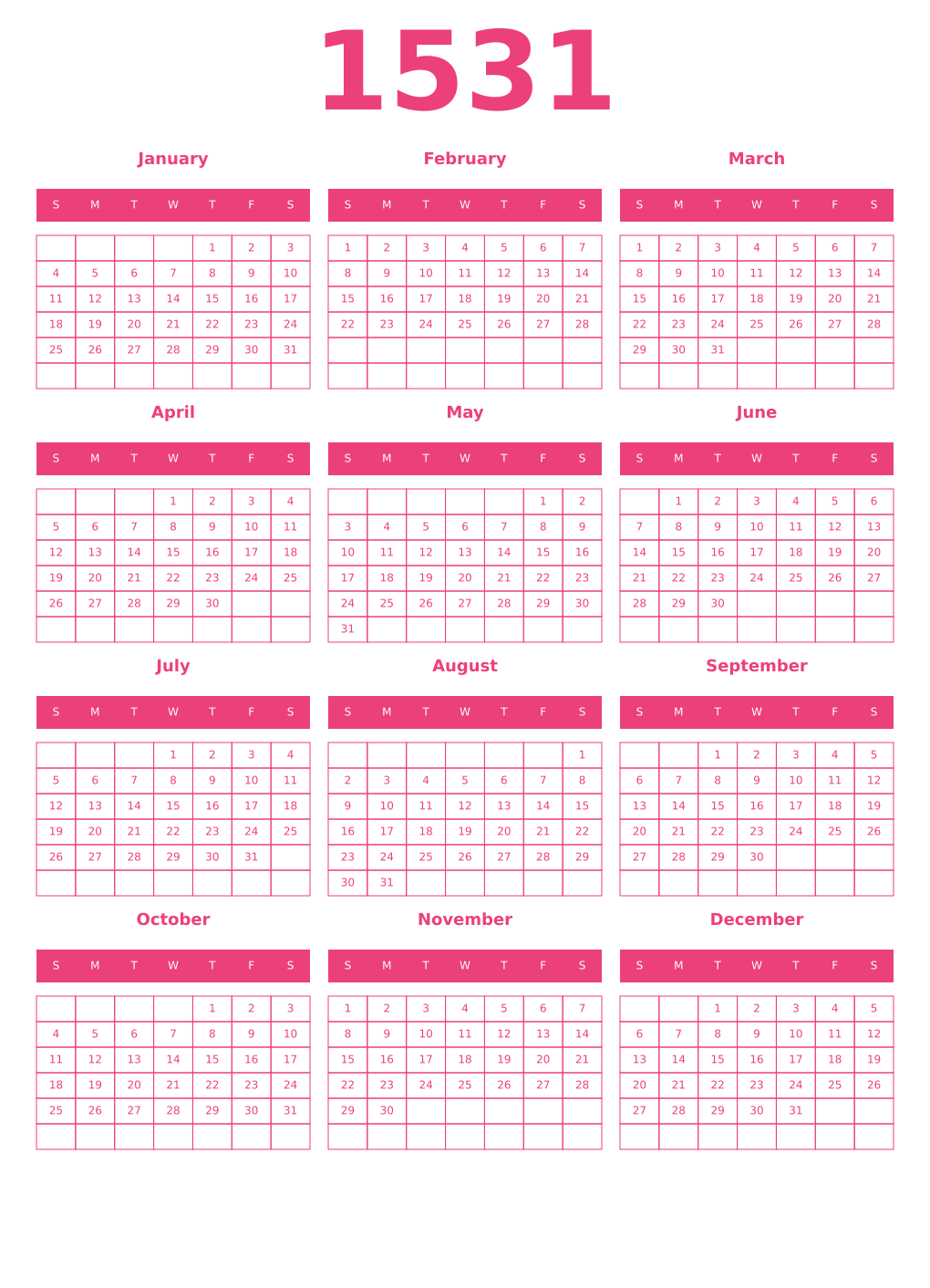 Printable 1531 Year Calendars pink