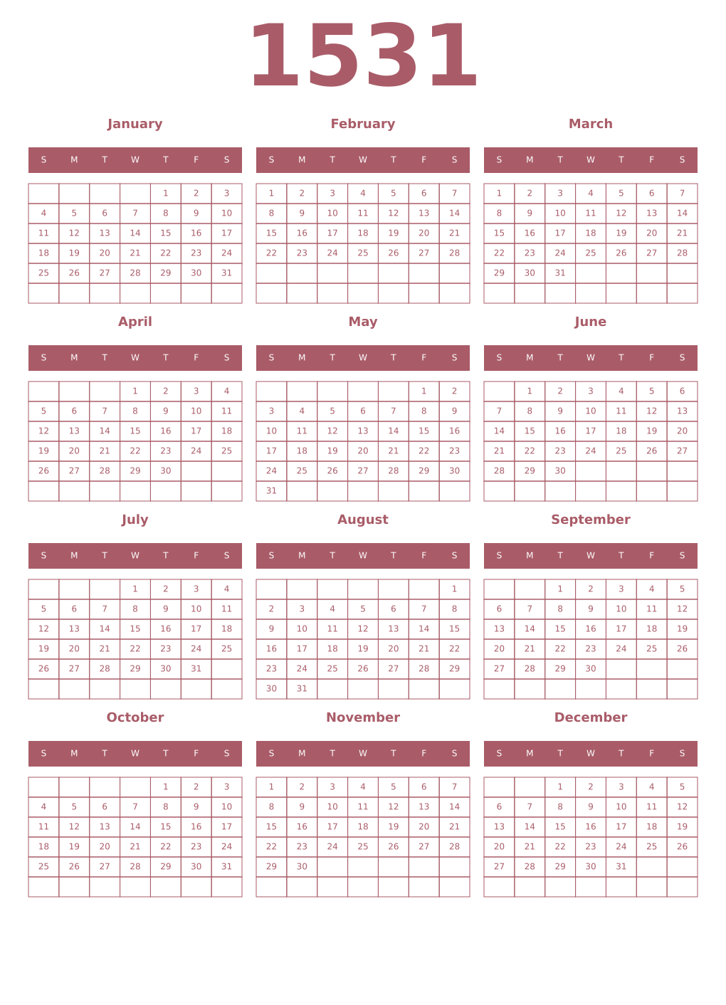 Printable 1531 Year Calendars puce