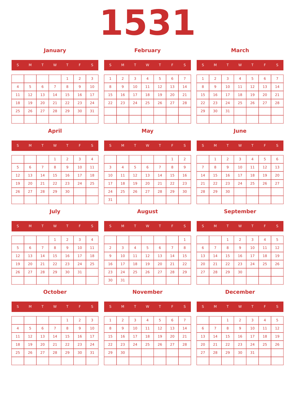 Printable 1531 Year Calendars red