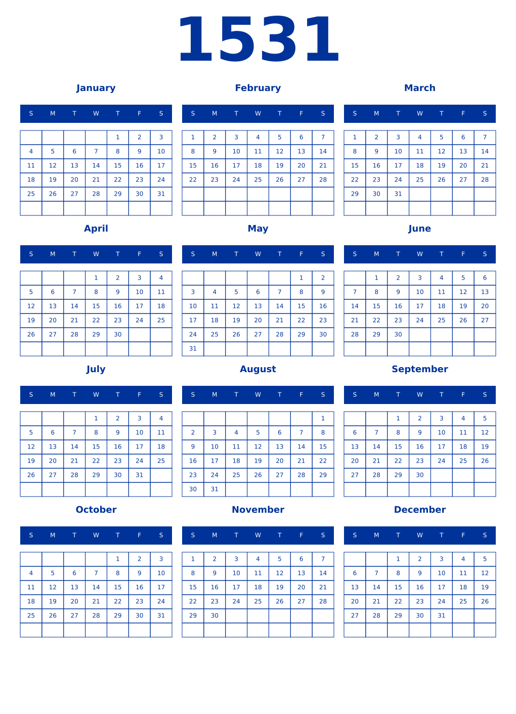 Printable 1531 Year Calendars smalt