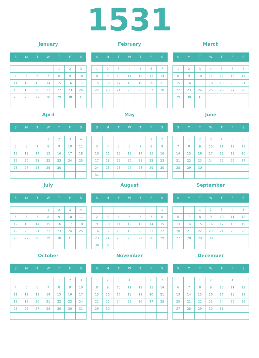 Printable 1531 Year Calendars verdigris