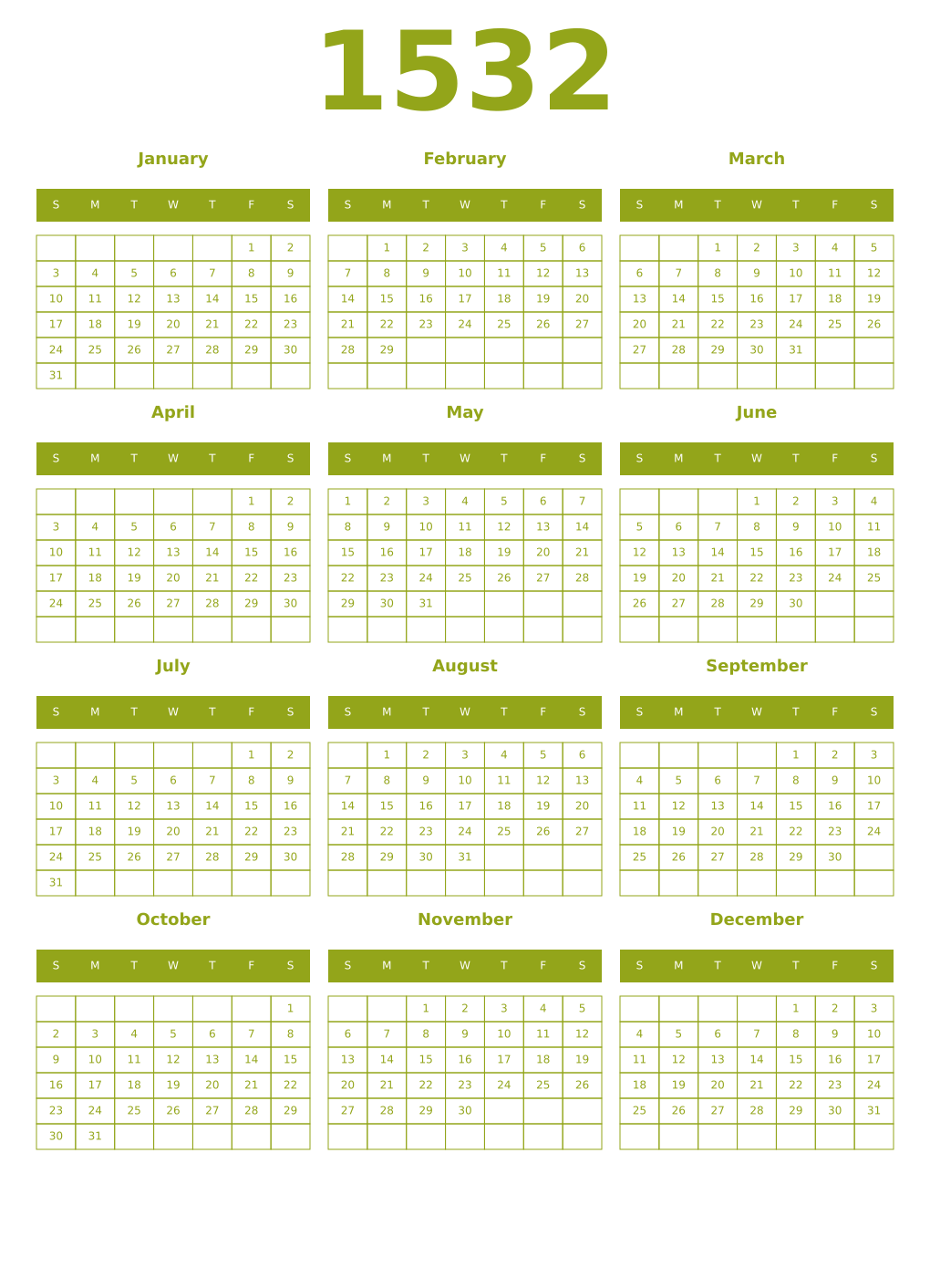 Printable 1532 Year Calendars chartreuse