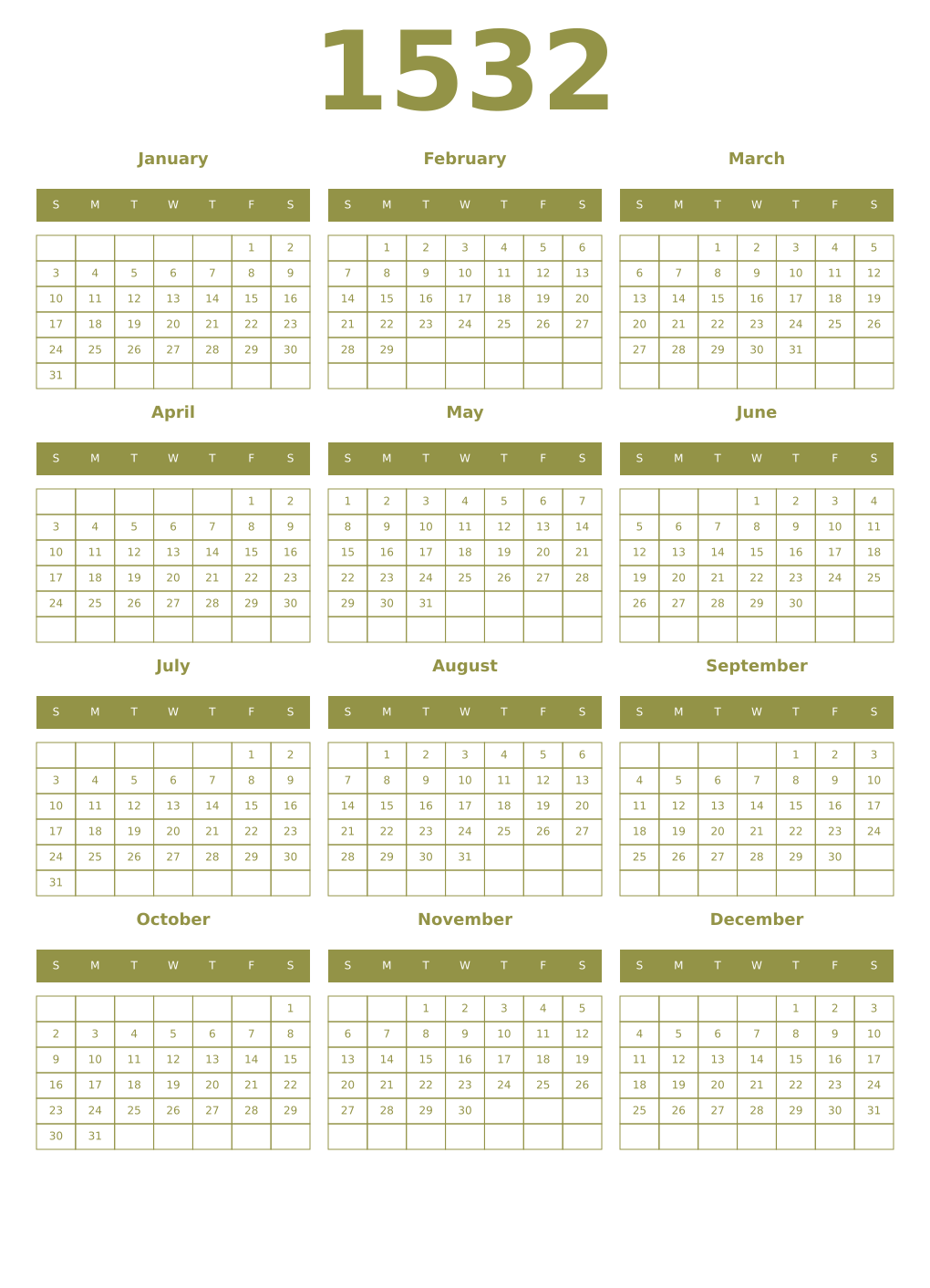 Printable 1532 Year Calendars eburnean
