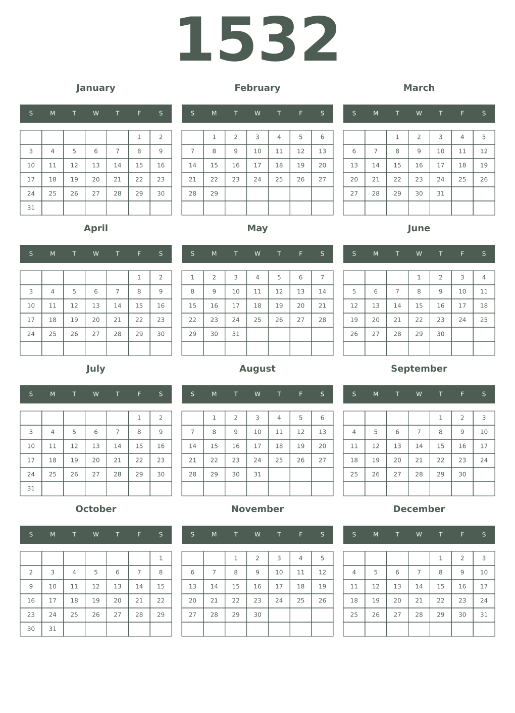 Printable 1532 Year Calendars feldgrau