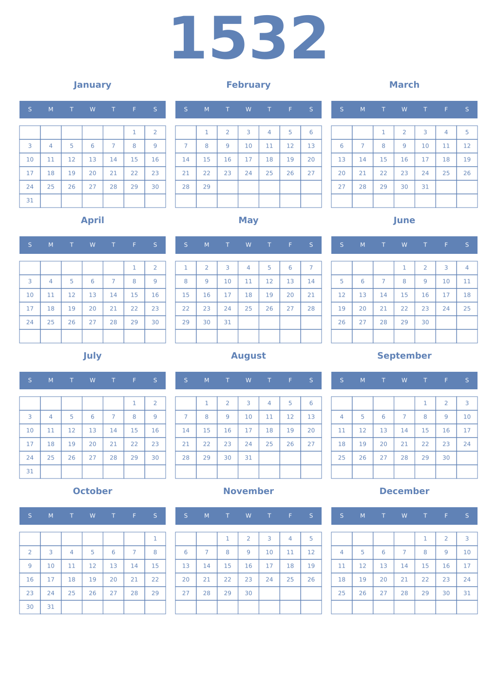 Printable 1532 Year Calendars glaucous