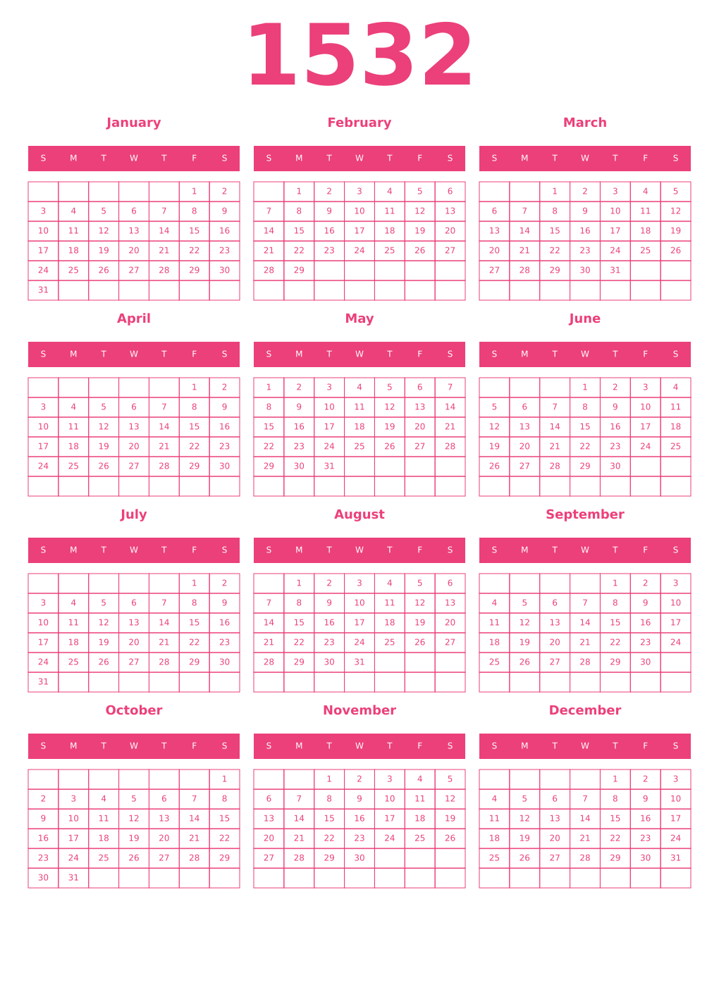 Printable 1532 Year Calendars pink