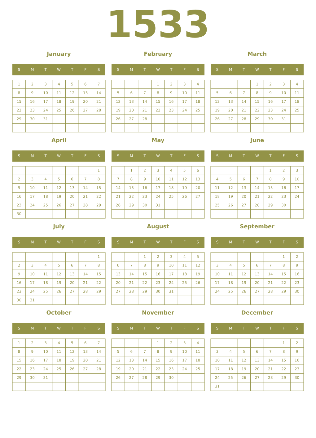 Printable 1533 Year Calendars eburnean