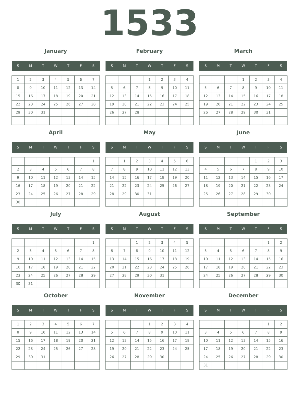 Printable 1533 Year Calendars feldgrau
