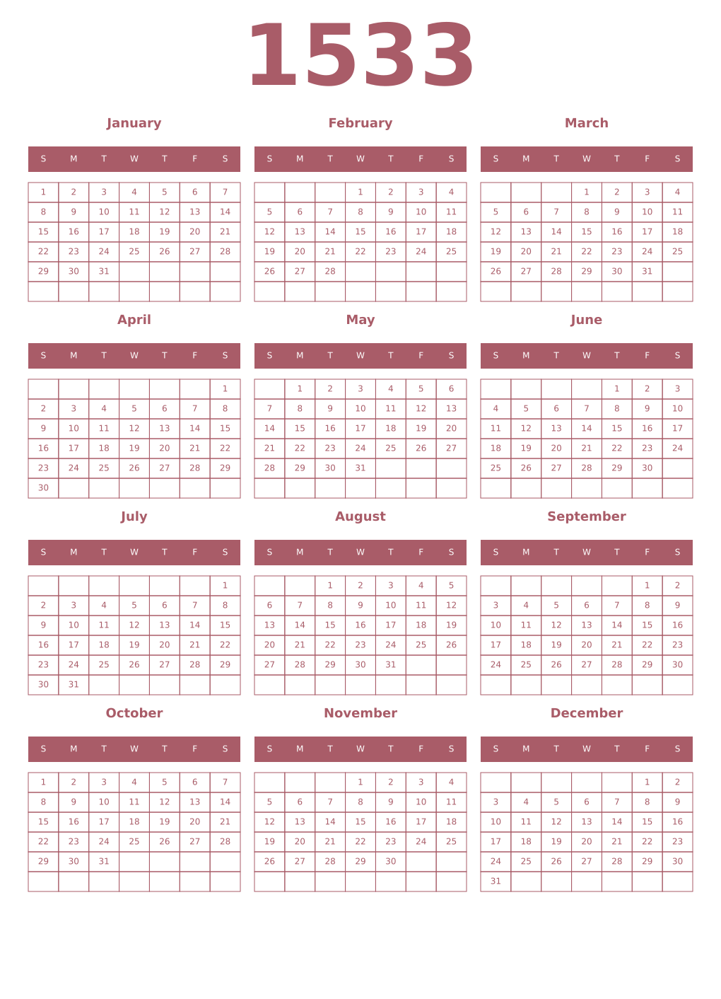 Printable 1533 Year Calendars puce