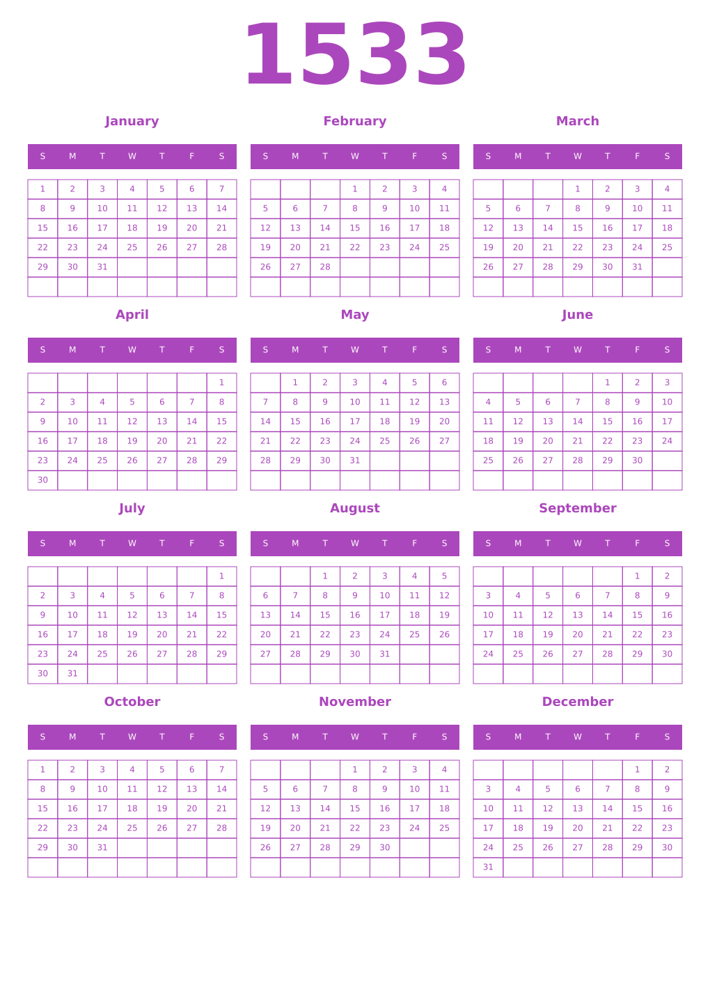 Printable 1533 Year Calendars purple