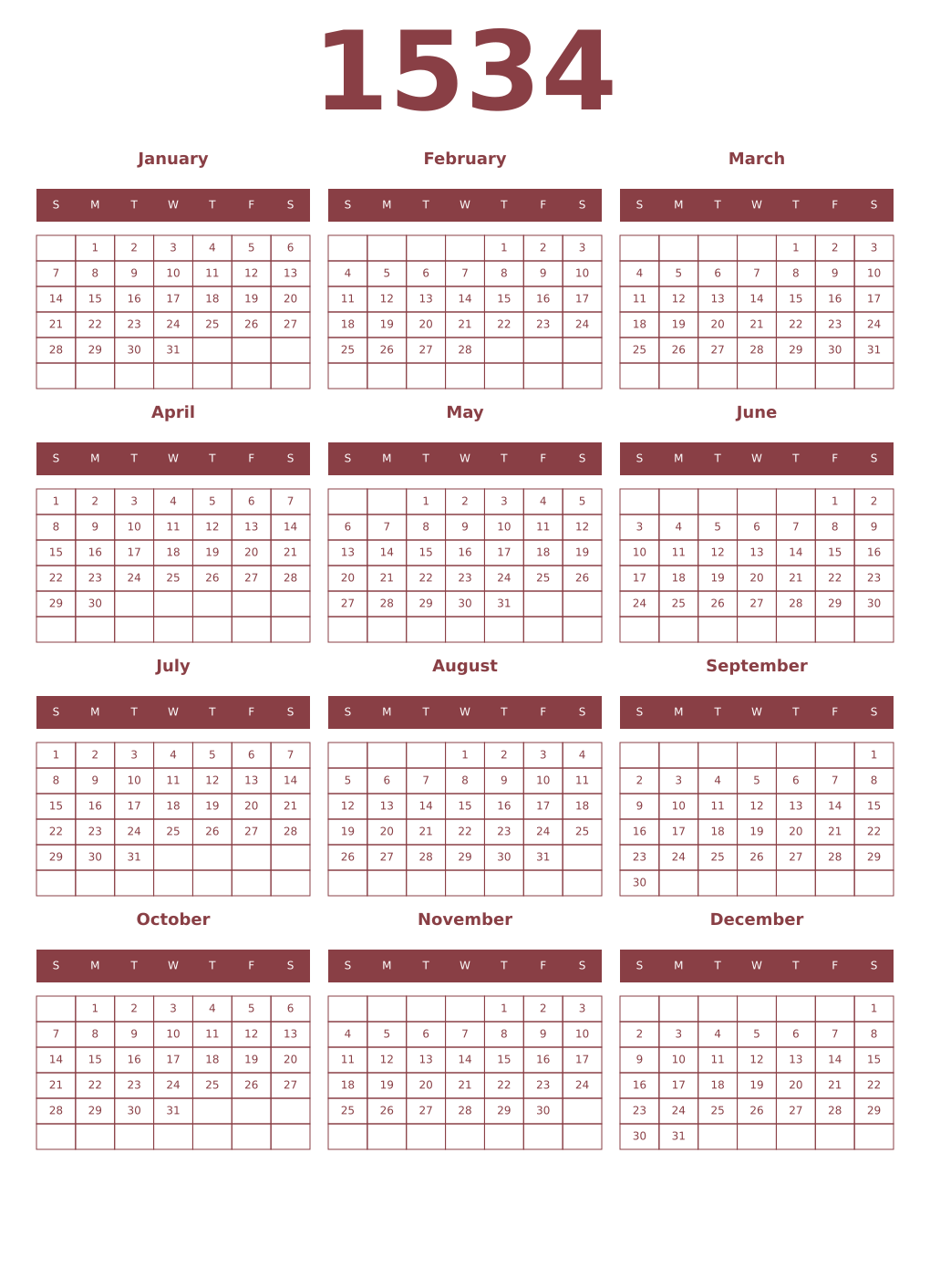 Printable 1534 Year Calendars cordovan