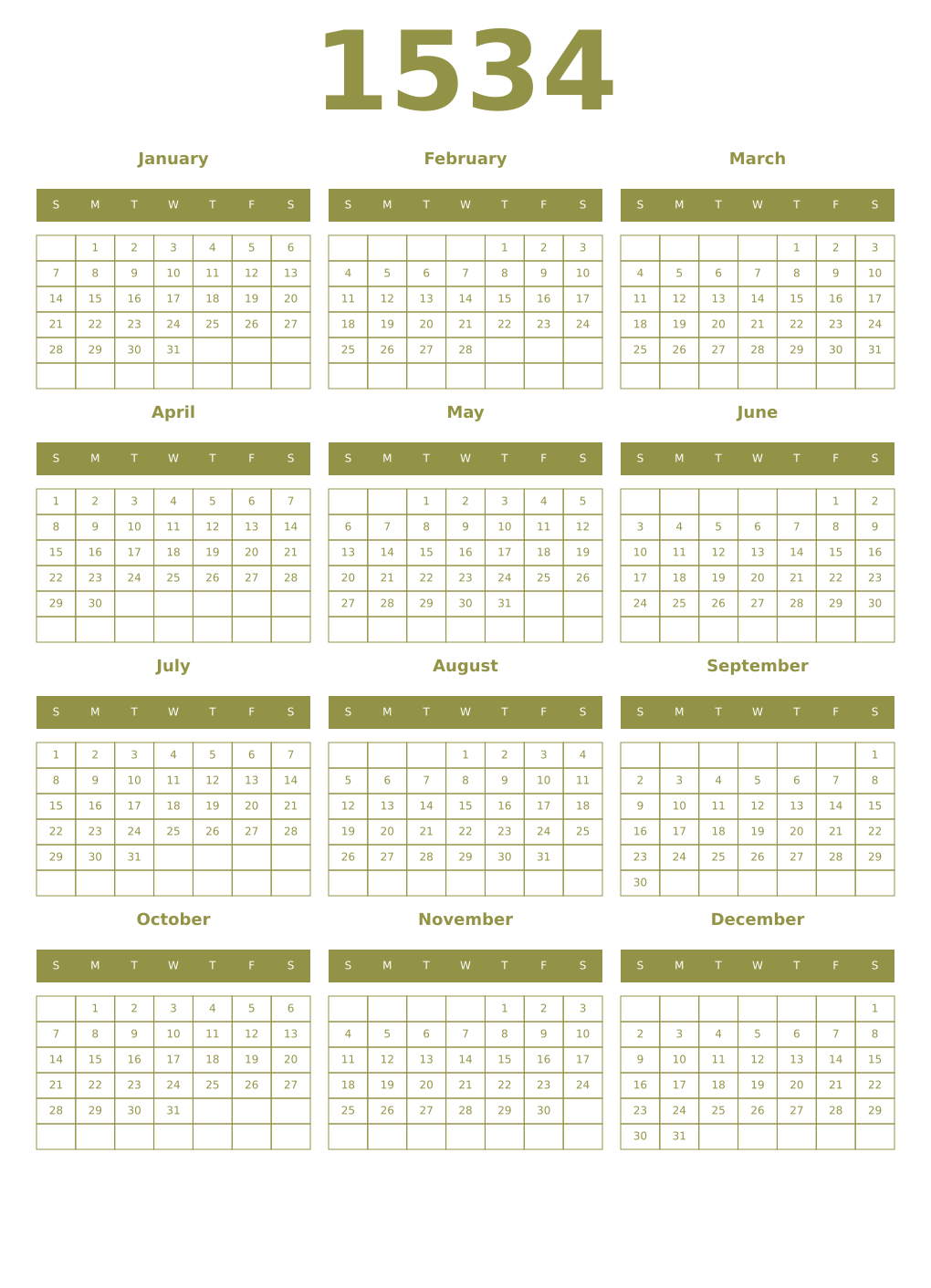 Printable 1534 Year Calendars eburnean