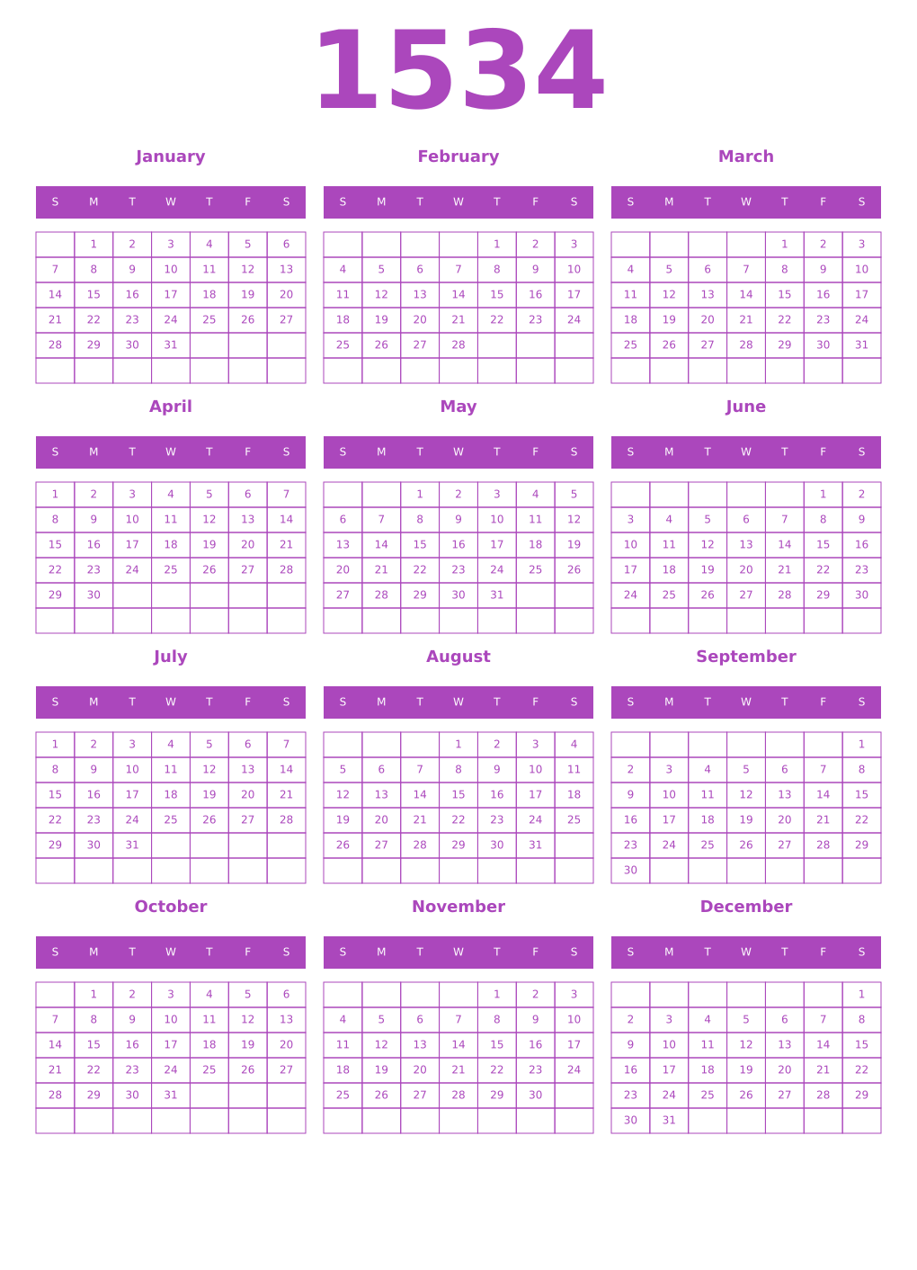 Printable 1534 Year Calendars purple