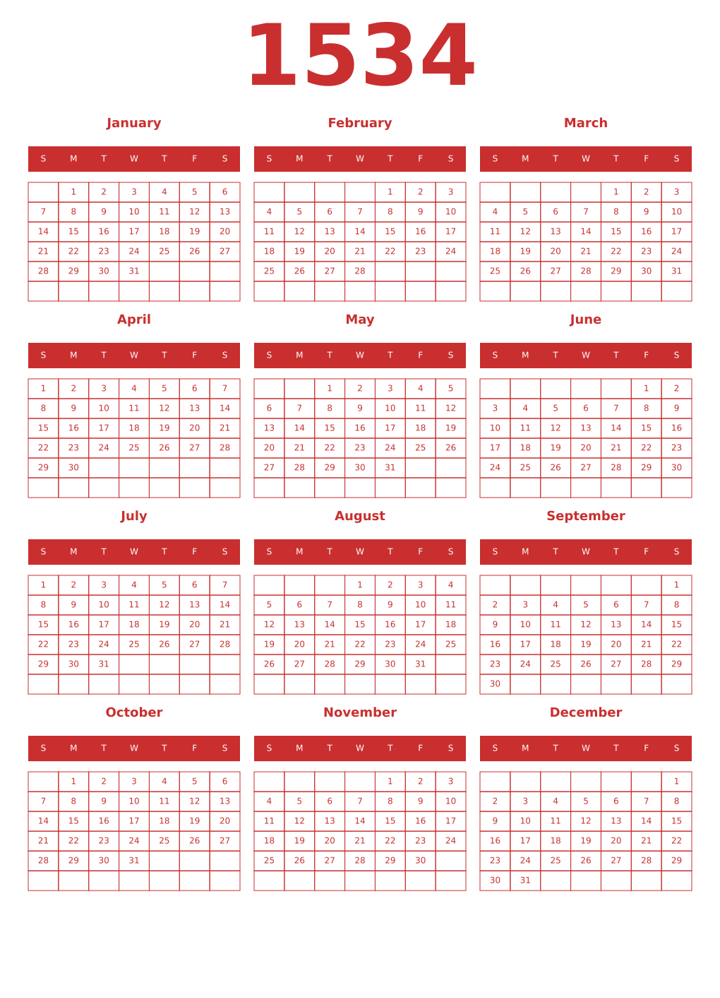 Printable 1534 Year Calendars red
