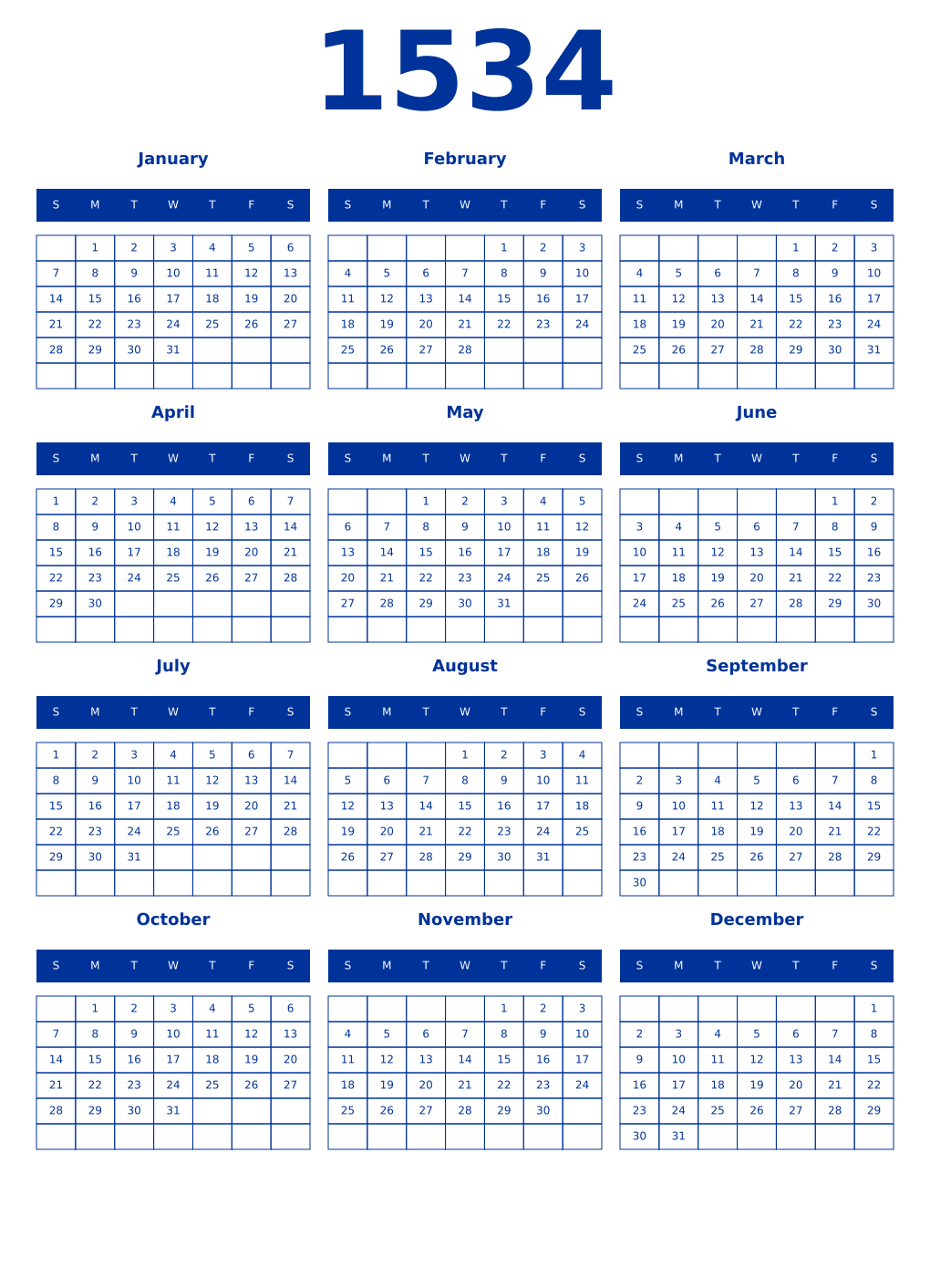 Printable 1534 Year Calendars smalt
