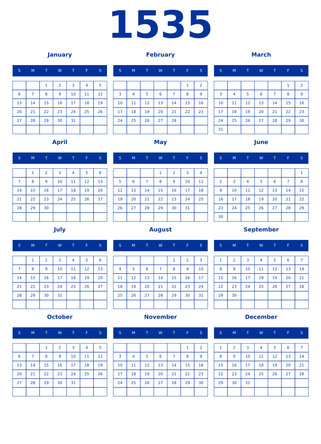 Printable 1535 Year Calendars smalt