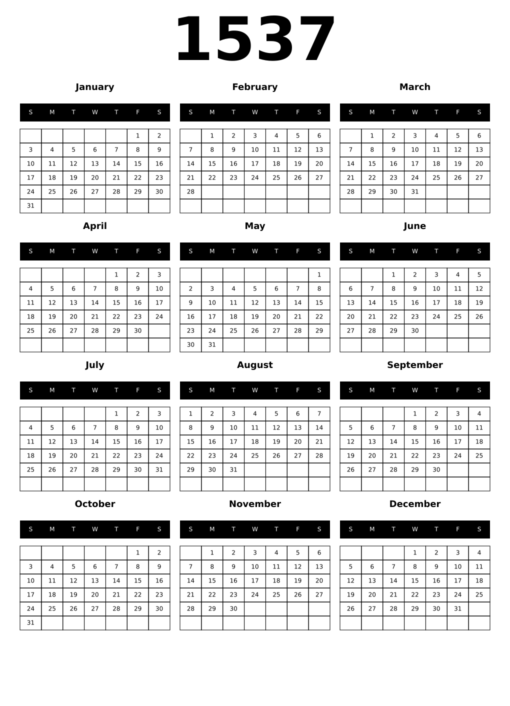 Printable 1537 Calendars