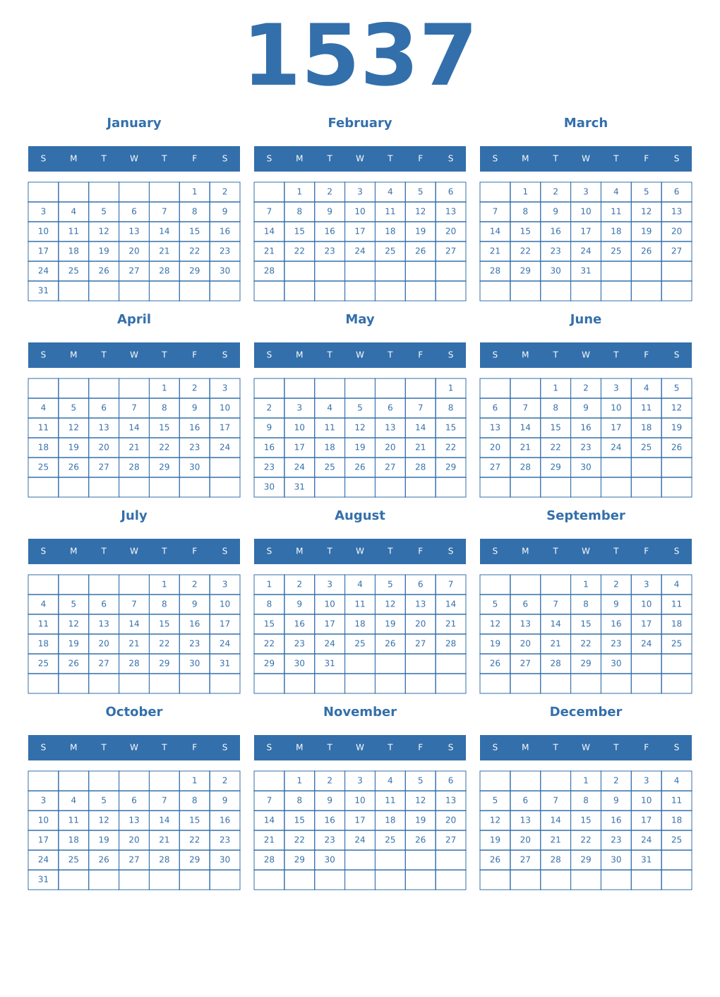 Printable 1537 Year Calendars blue