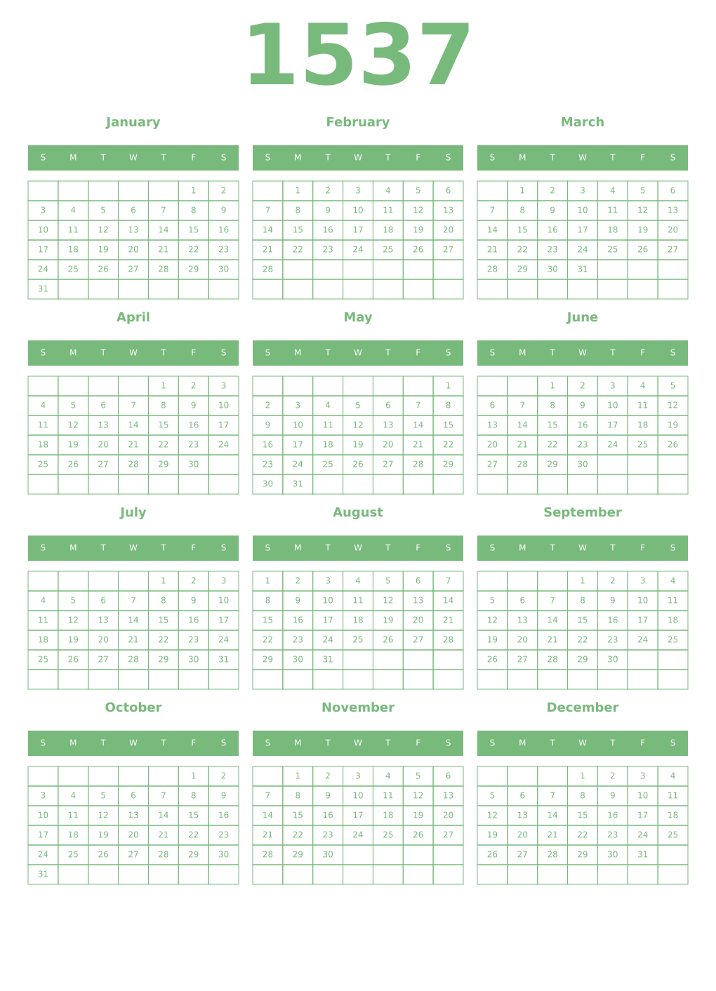 Printable 1537 Year Calendars celadon