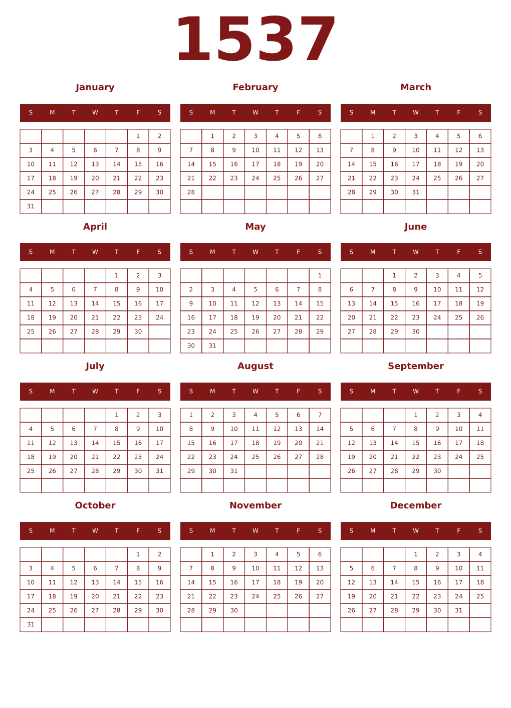 Printable 1537 Year Calendars falu