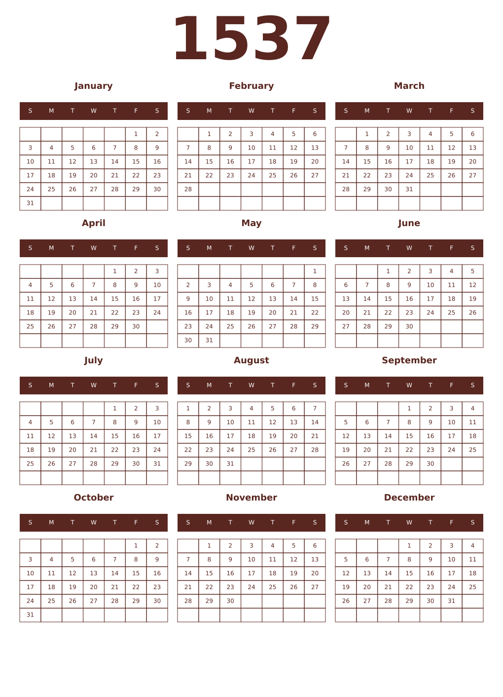 Printable 1537 Year Calendars mortuum