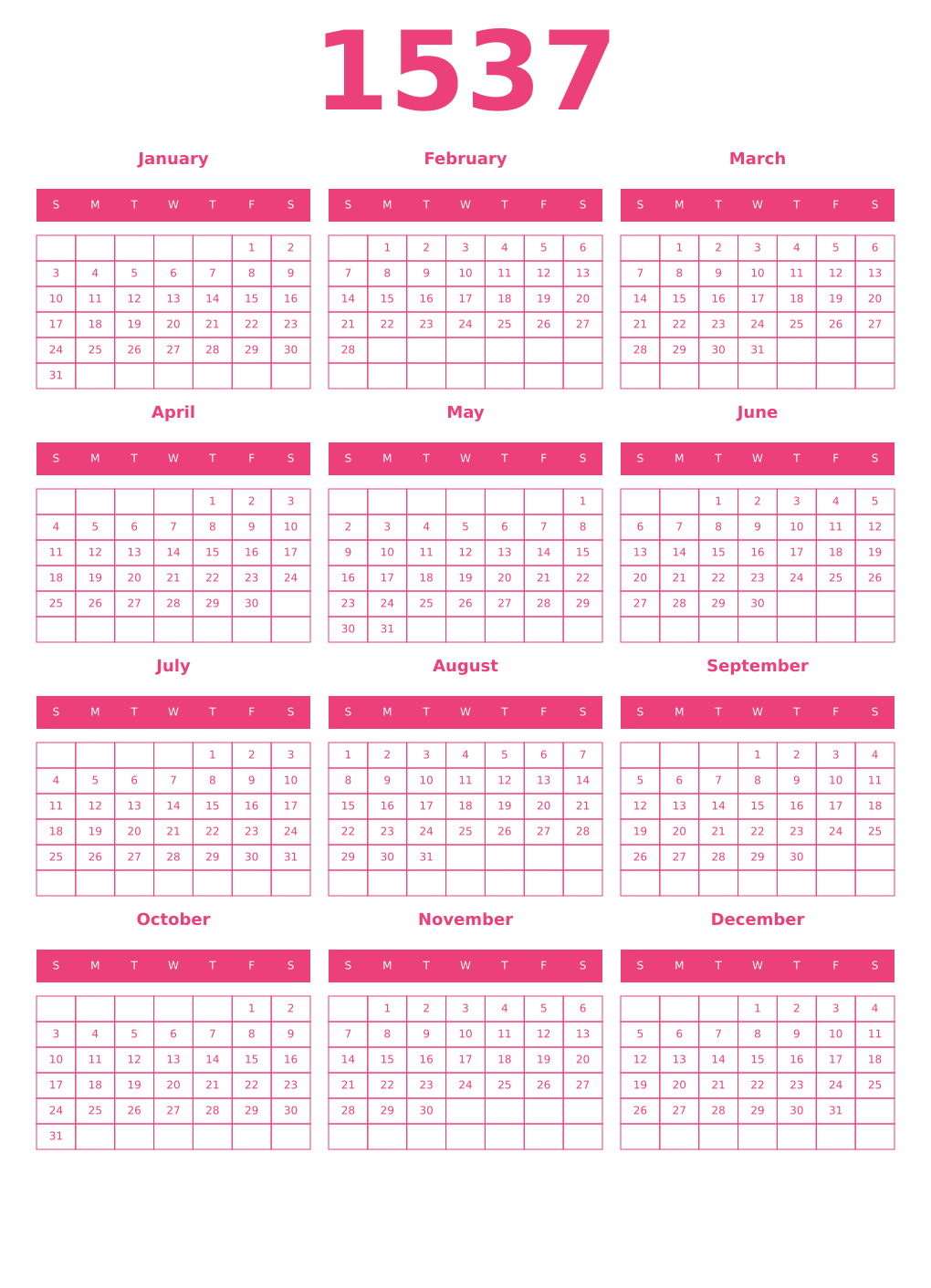 Printable 1537 Year Calendars pink