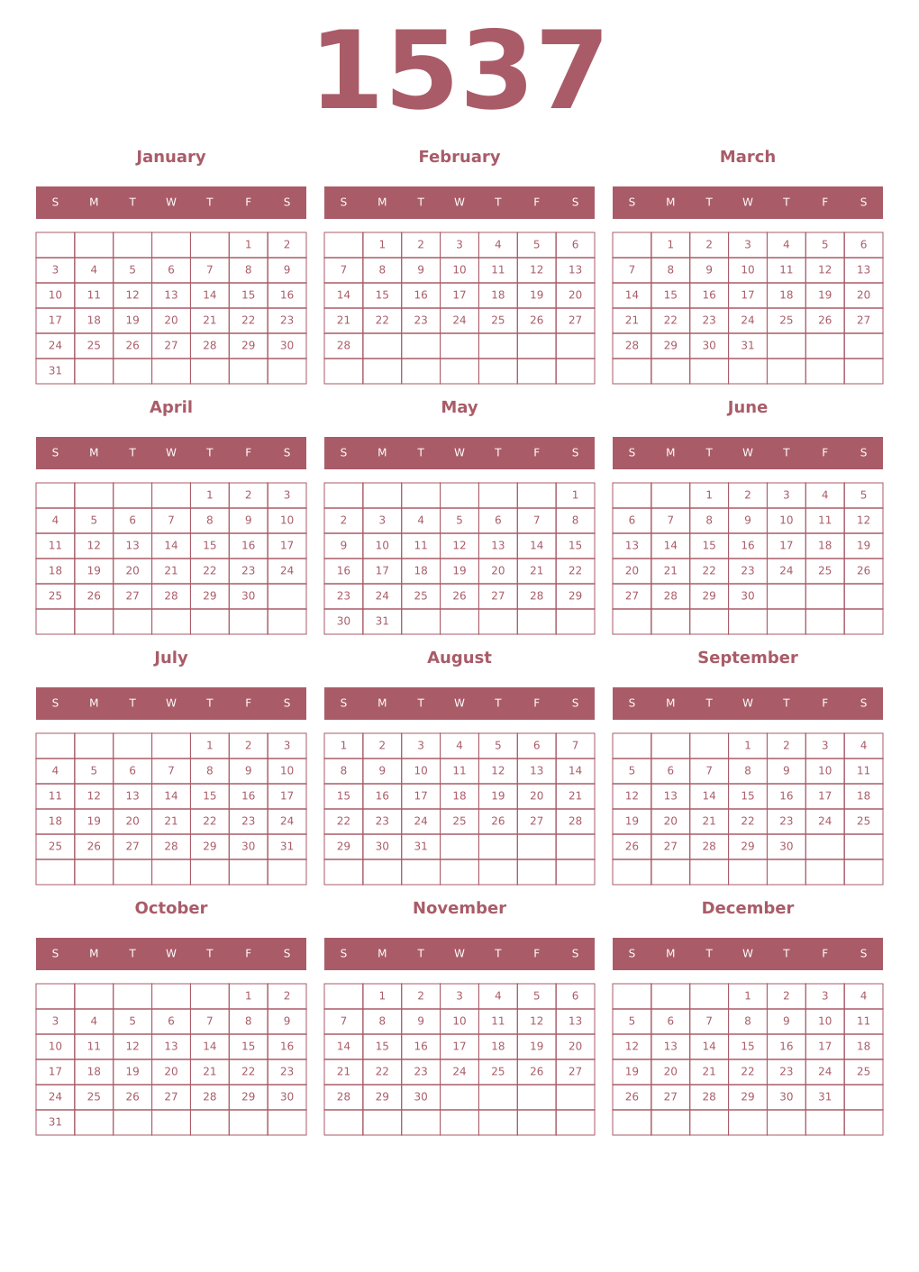 Printable 1537 Year Calendars puce