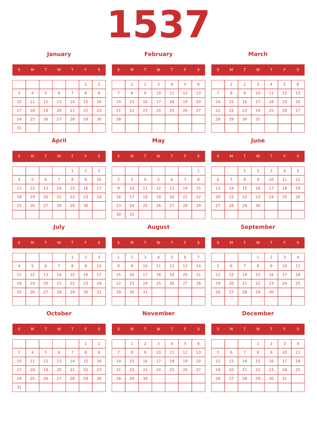 Printable 1537 Year Calendars red