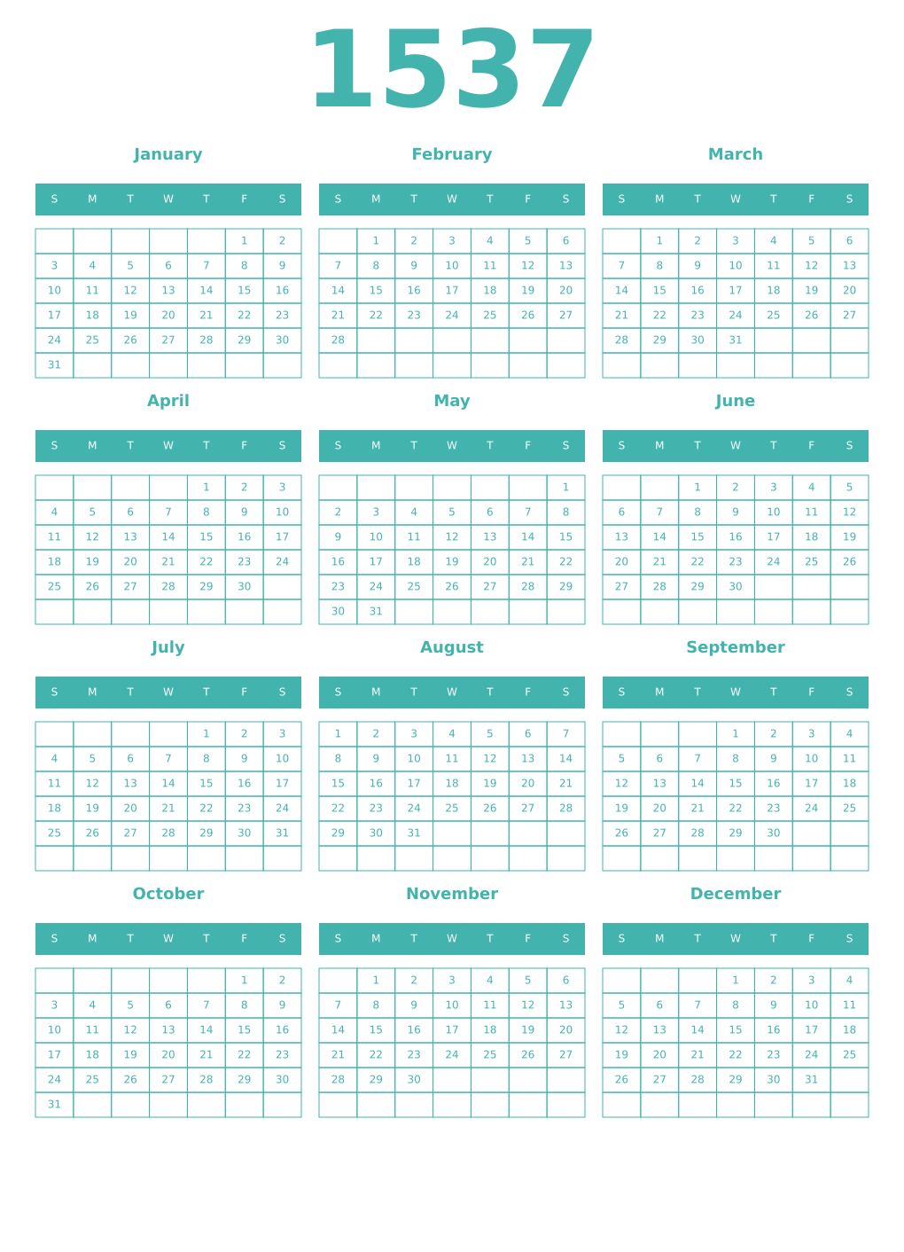 Printable 1537 Year Calendars verdigris