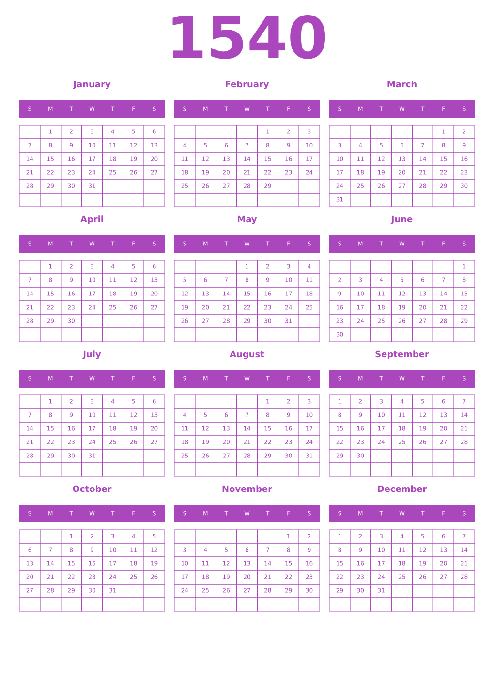 Printable 1540 Year Calendars purple