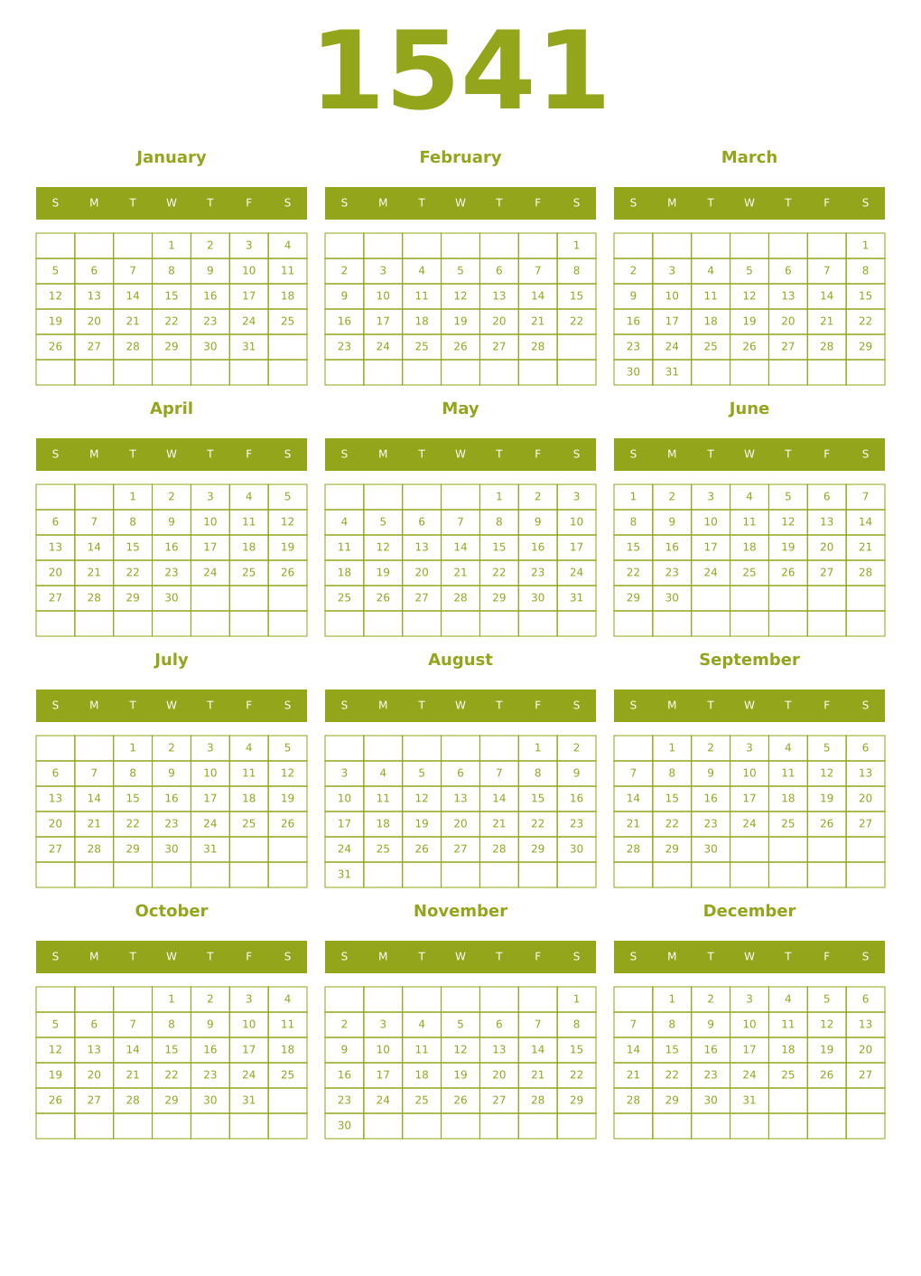 Printable 1541 Year Calendars chartreuse