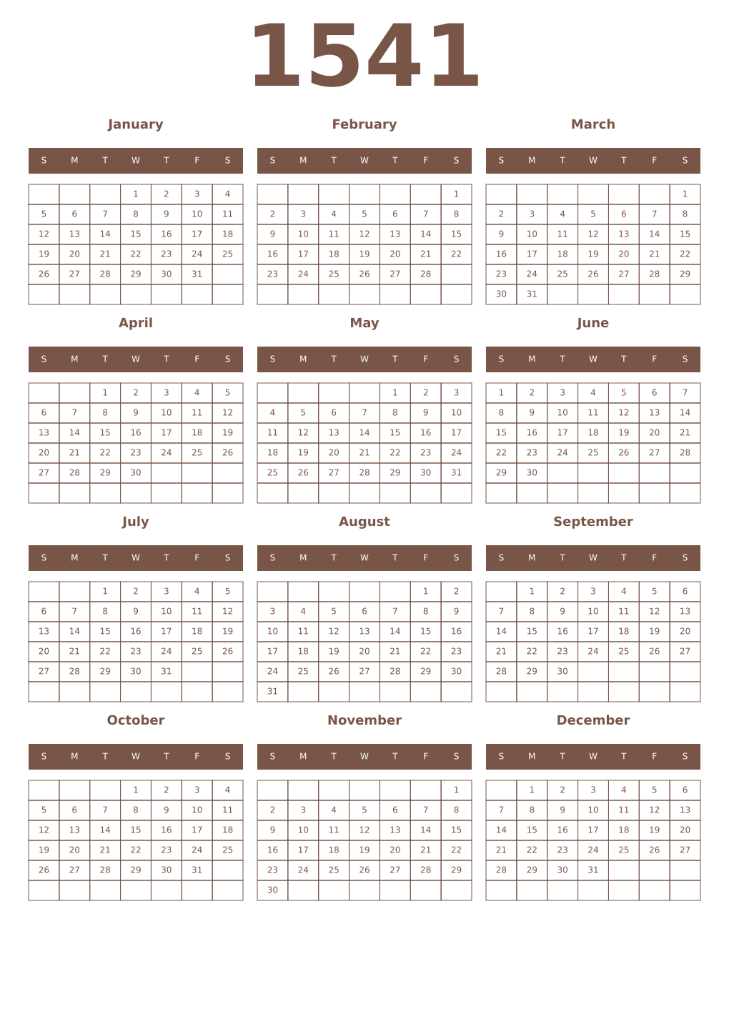 Printable 1541 Year Calendars coffe