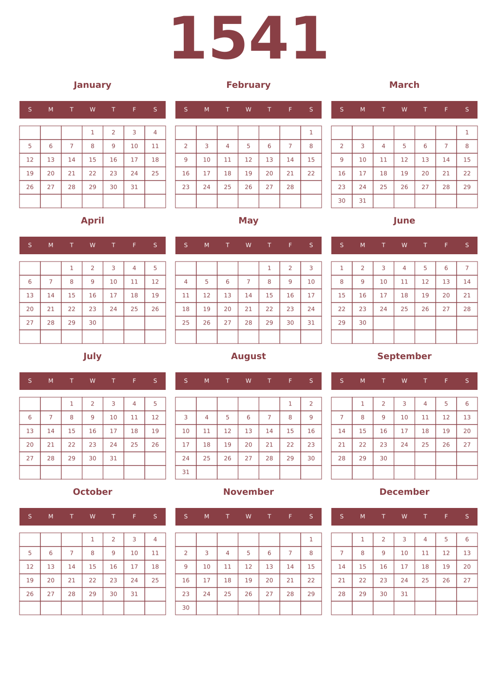 Printable 1541 Year Calendars cordovan