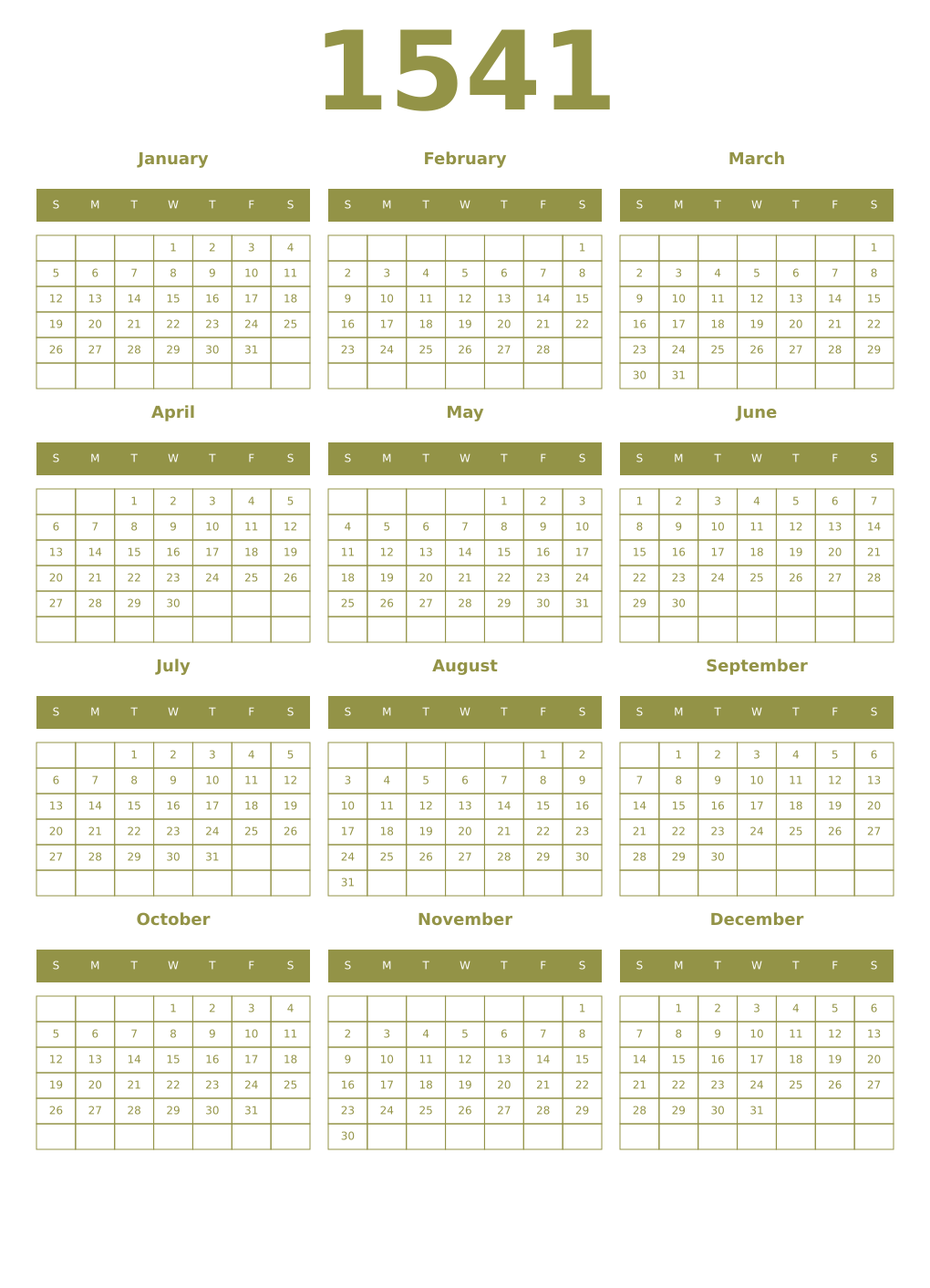 Printable 1541 Year Calendars eburnean