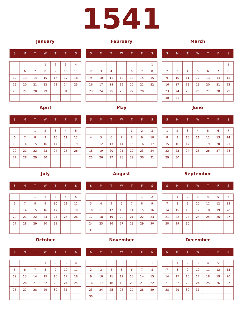 Printable 1541 Year Calendars falu