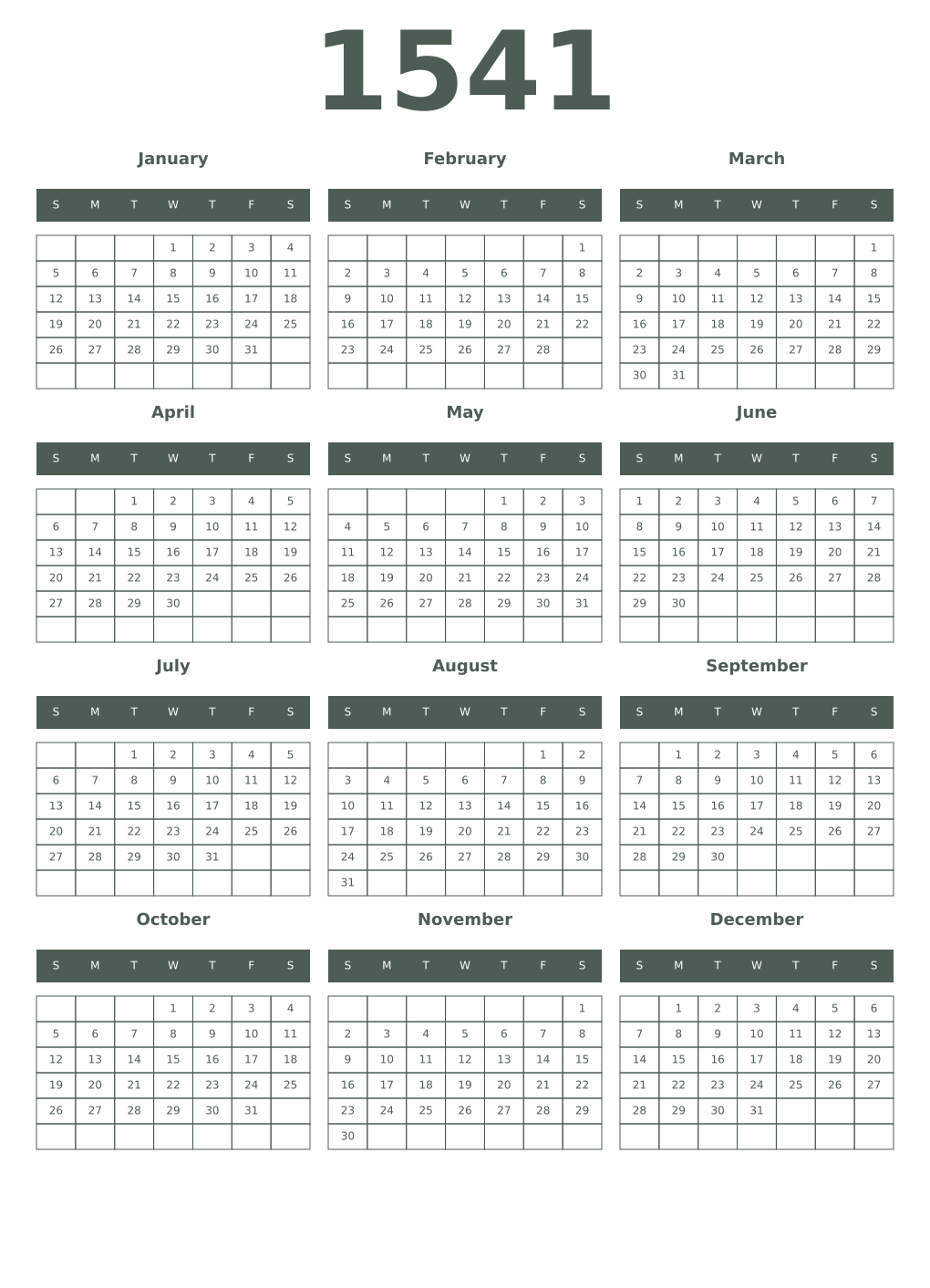 Printable 1541 Year Calendars feldgrau