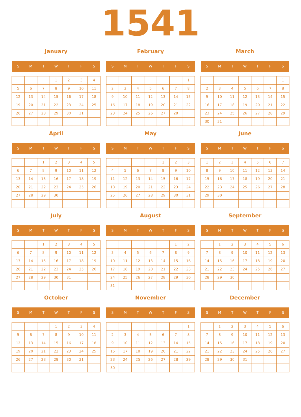 Printable 1541 Year Calendars orange