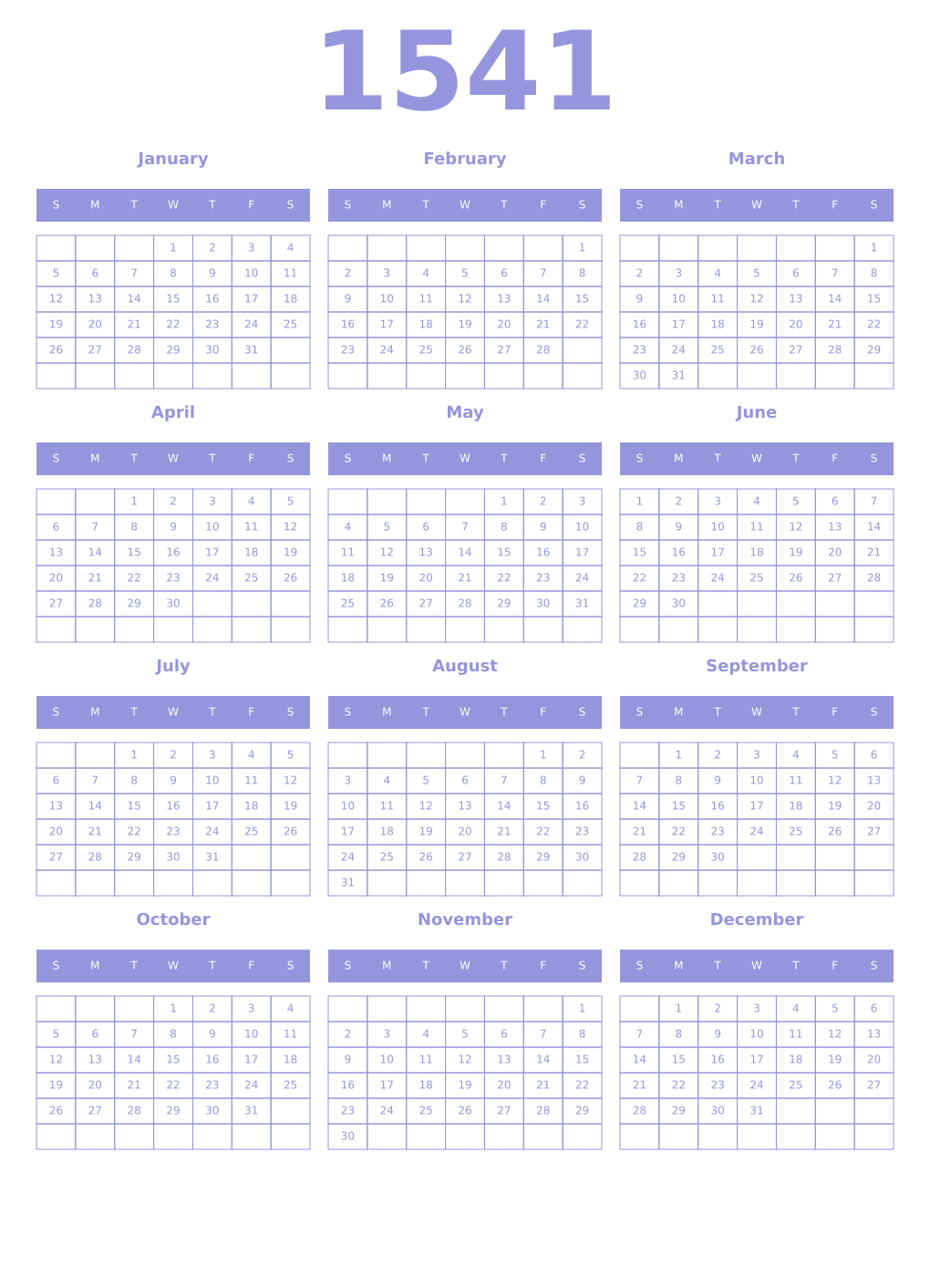 Printable 1541 Year Calendars periwinkle