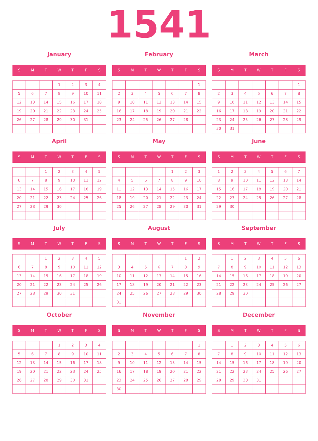 Printable 1541 Year Calendars pink