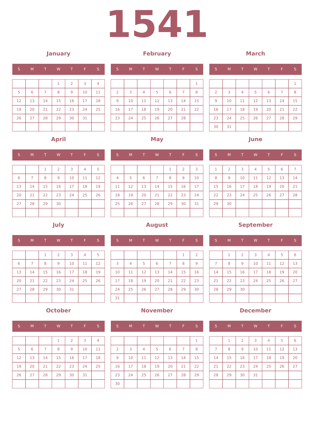 Printable 1541 Year Calendars puce