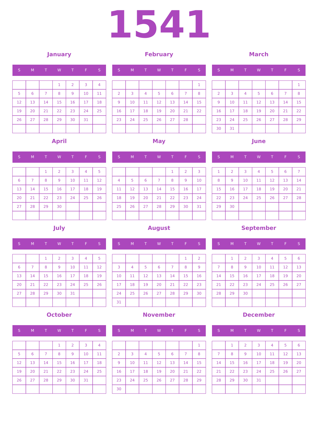 Printable 1541 Year Calendars purple