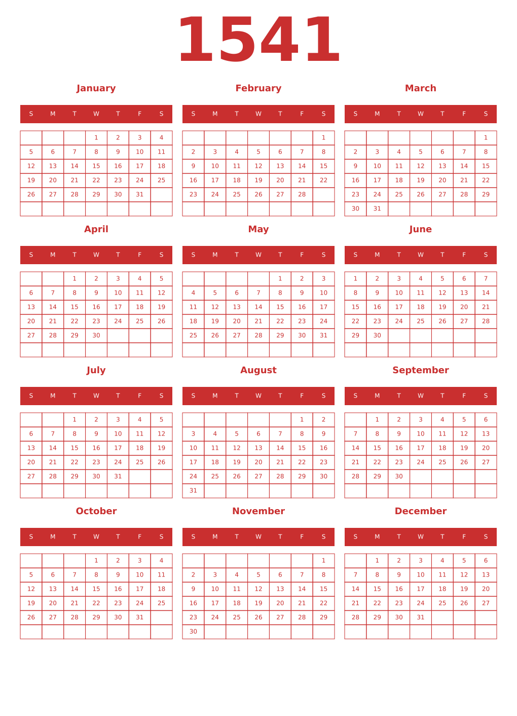 Printable 1541 Year Calendars red