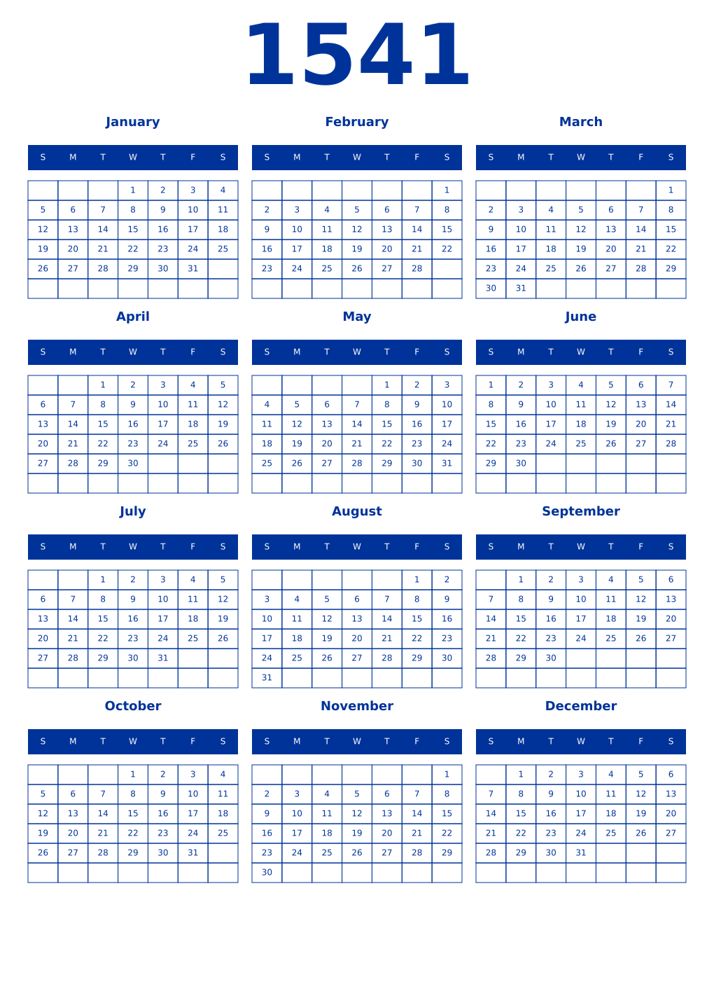 Printable 1541 Year Calendars smalt