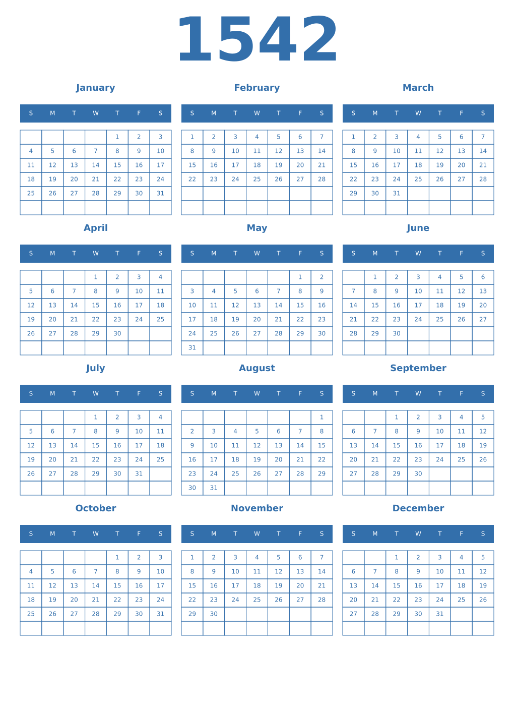 Printable 1542 Year Calendars blue