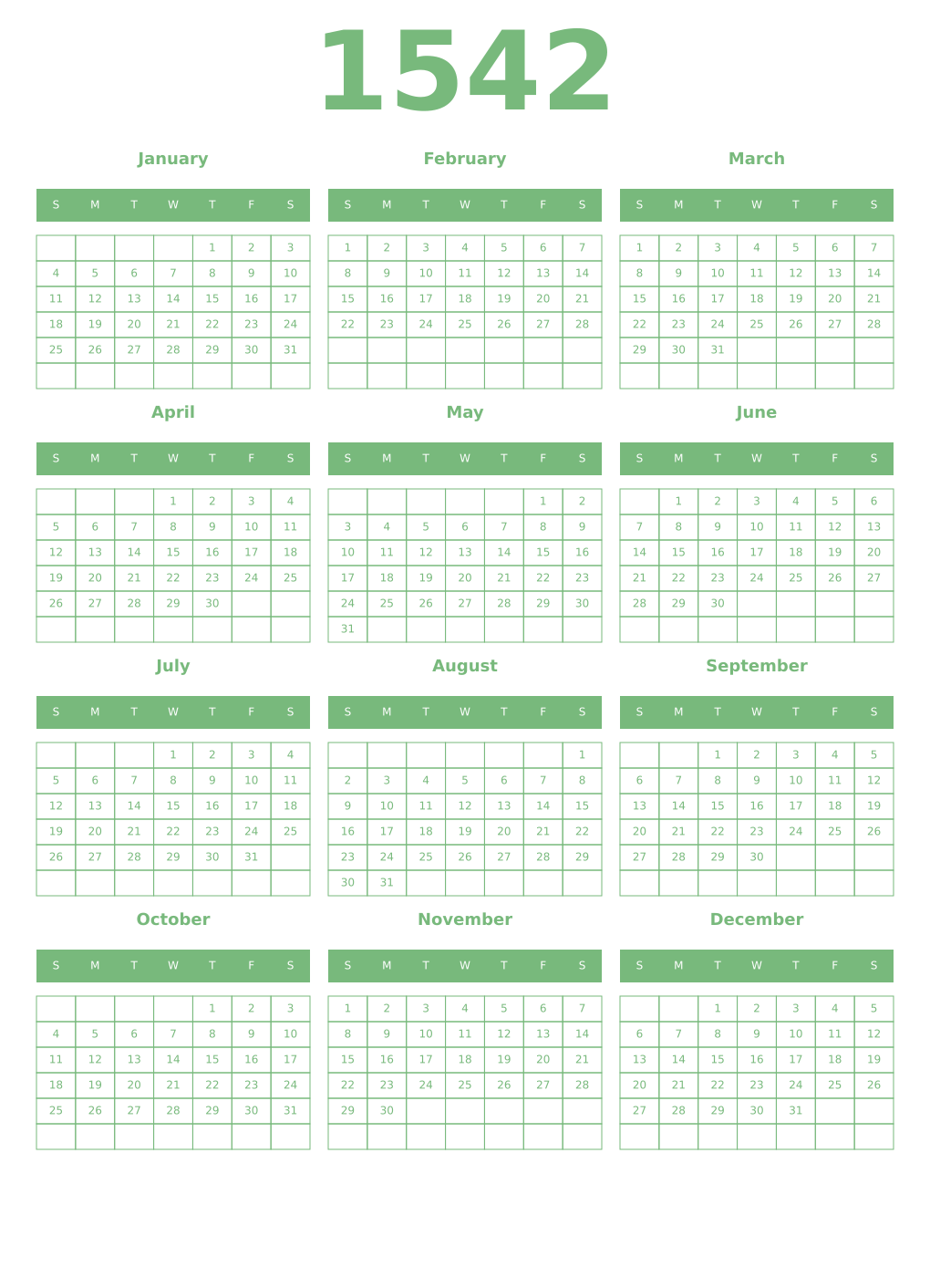 Printable 1542 Year Calendars celadon