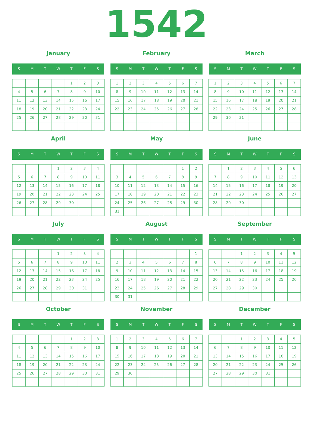 Printable 1542 Year Calendars green