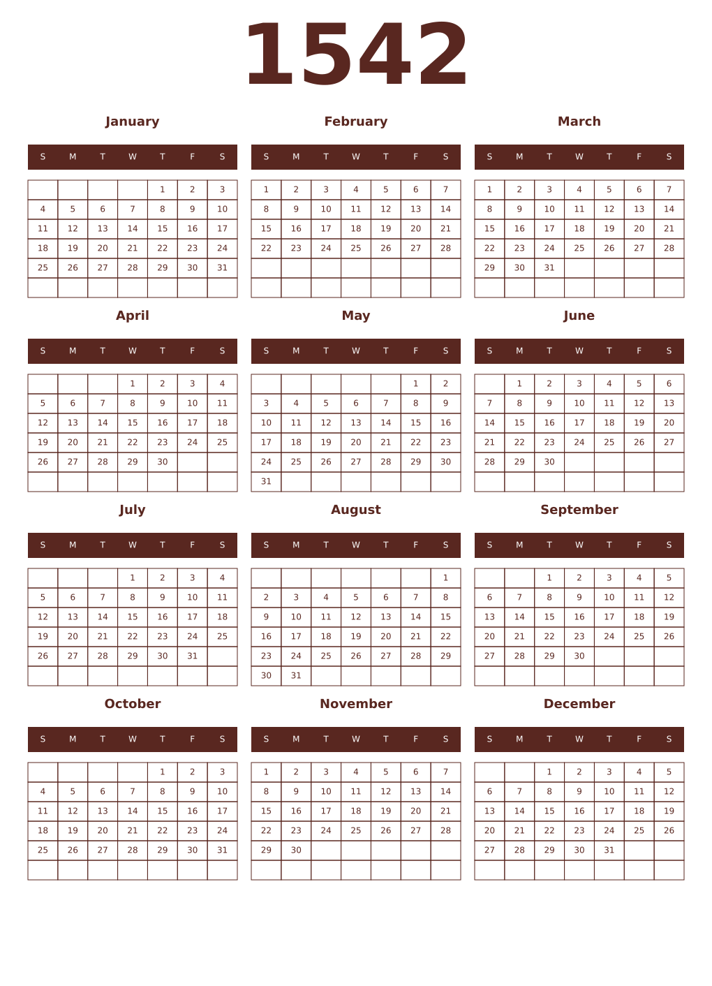 Printable 1542 Year Calendars mortuum